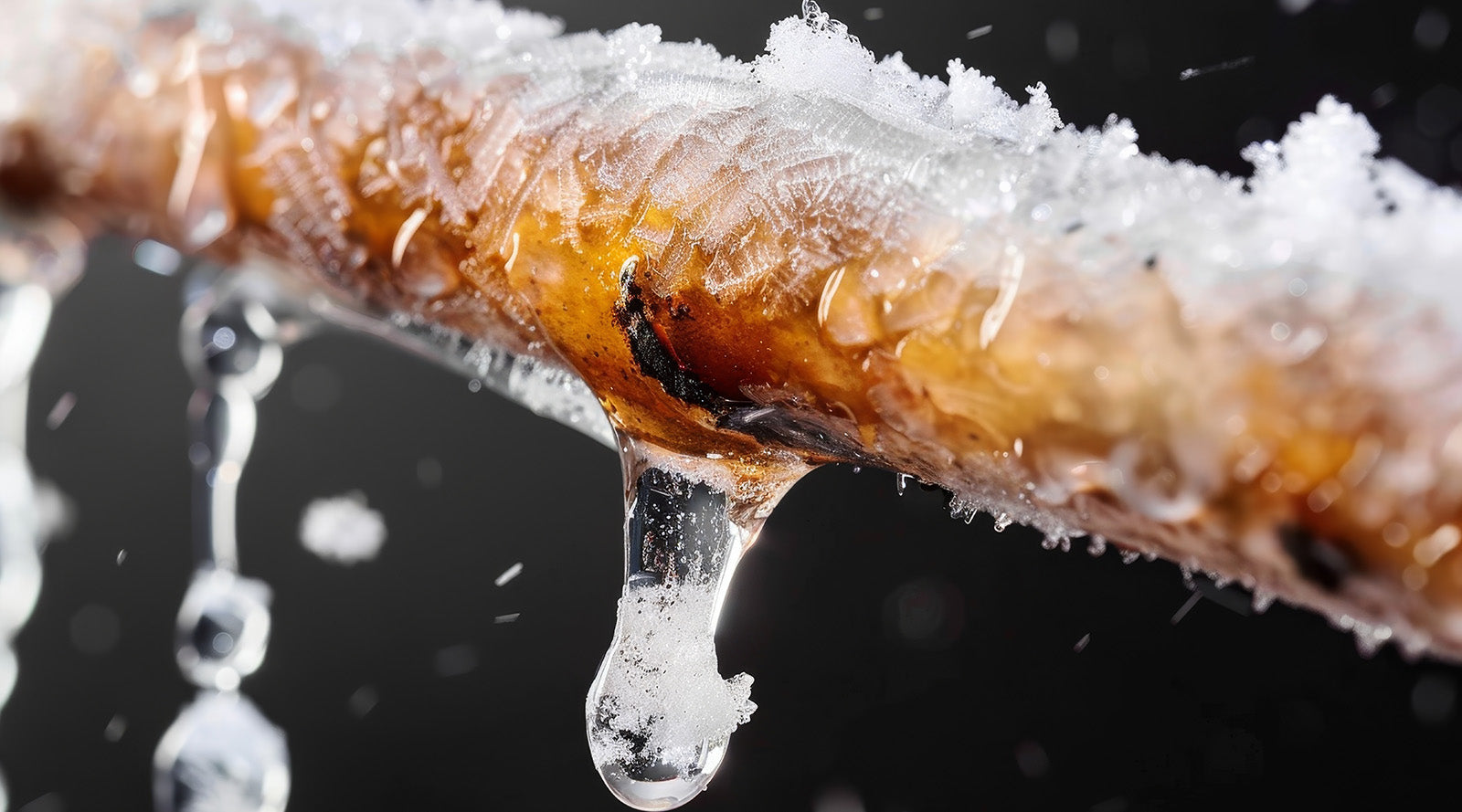 A frozen copper water pipe in winter months